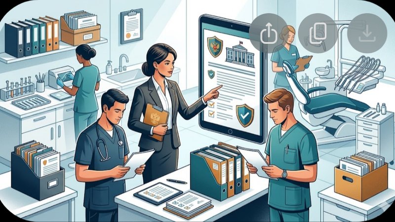 Иллюстрация процесса подготовки стоматологической клиники к проверке Росздравнадзора в современном деловом стиле